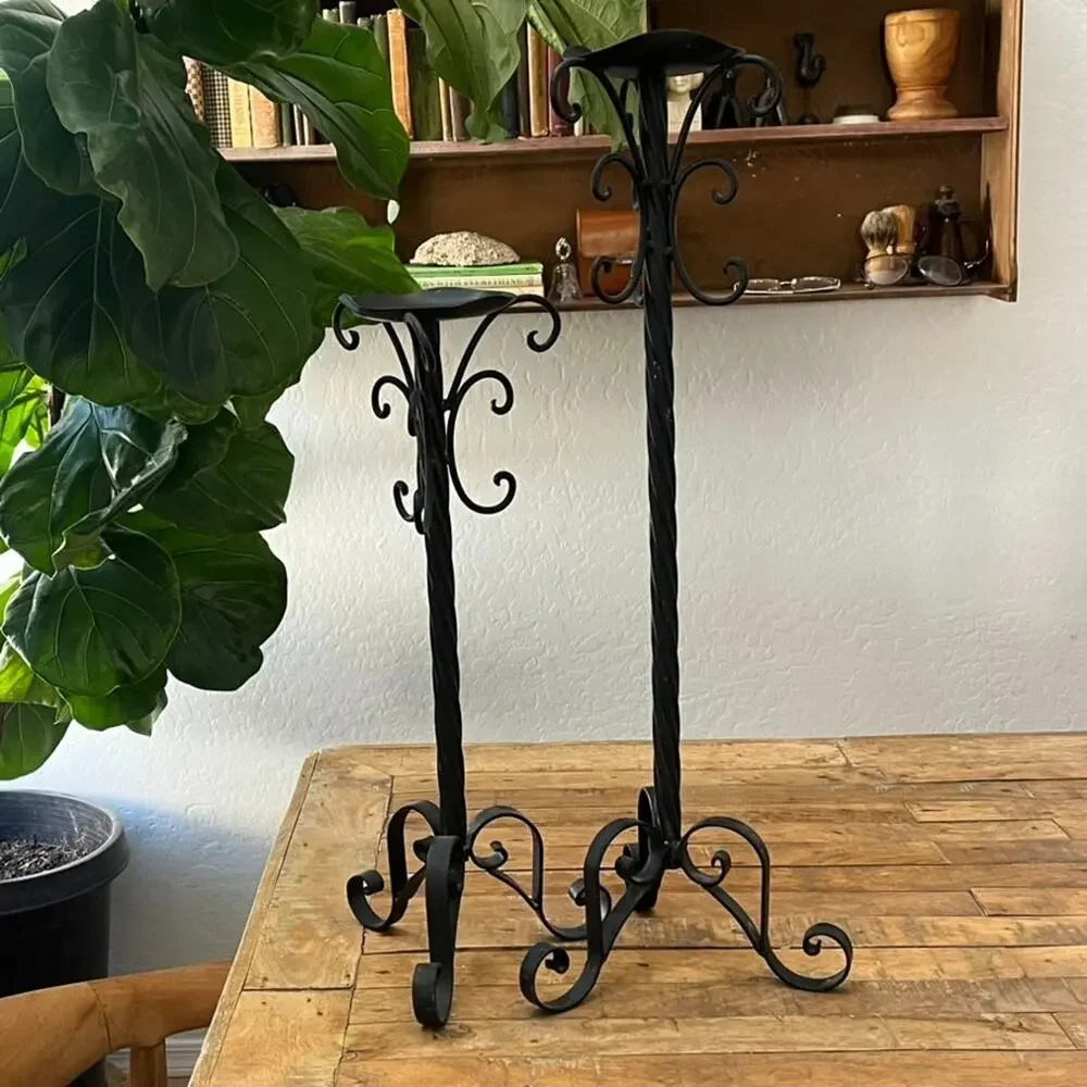 Vintage Black Metal Scroll Candle Holders Stand